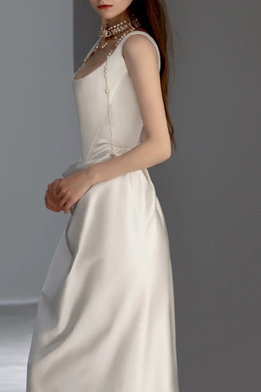 Satin Square-Neck Ruched Draped Column Maxi Gown