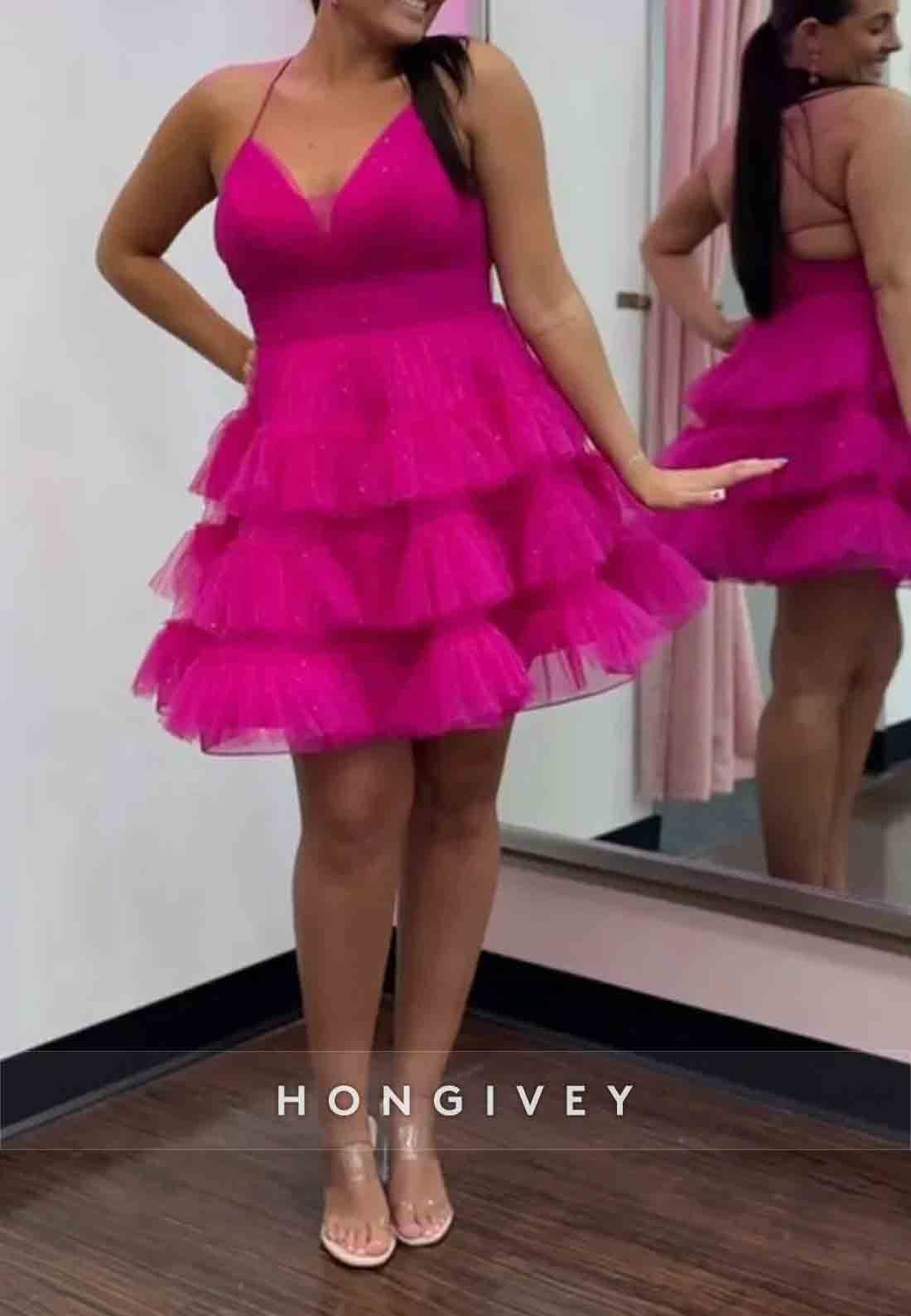 Spaghetti Straps V-Neck Ruched Sleeveless Tie Back Short Homecoming Dresses
