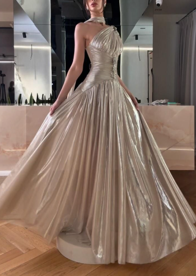 Stylish One Shoulder Satin Pleated A Line Long Prom Dress Formal Evening Dress With Scarf D816