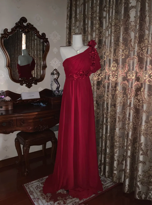 Elegant One Shoulder Red Chiffon Long Wedding Guest Dress Formal Birthday Prom Dress Evening Dress With Flowers D1780