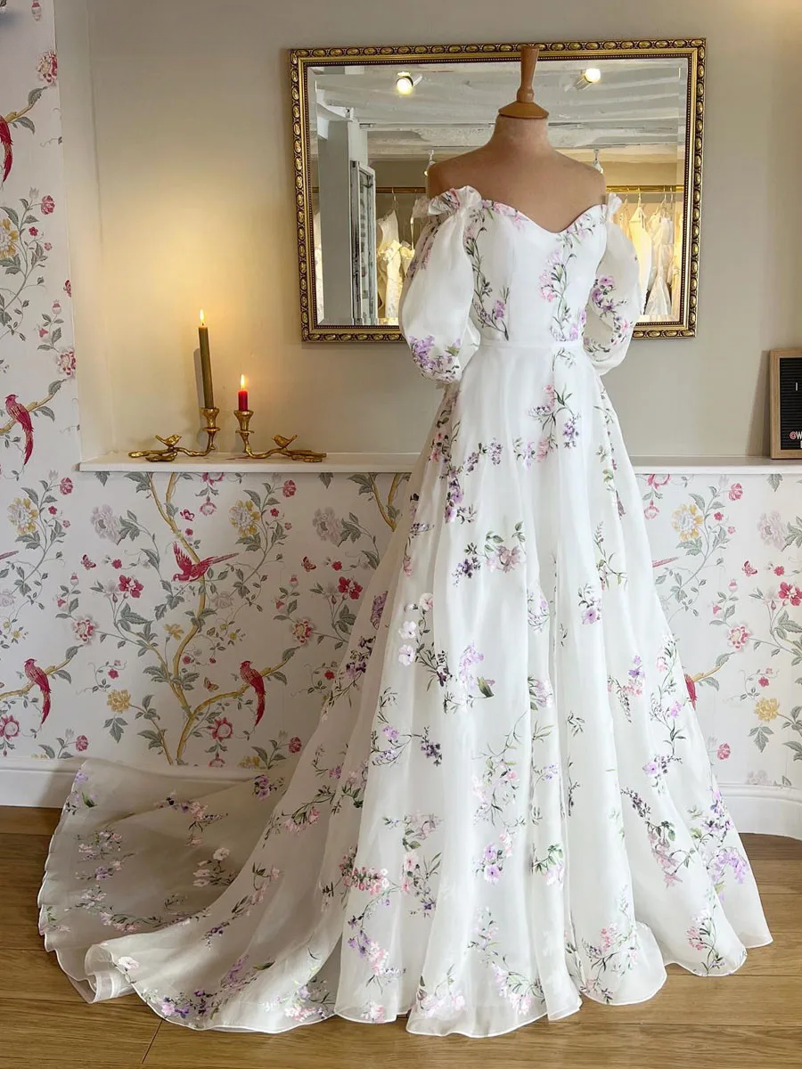 Women's Floral Print Wedding Dresses, Off-the-Shoulder Bridal Gowns, Beach Sweep Train Bridal Gown