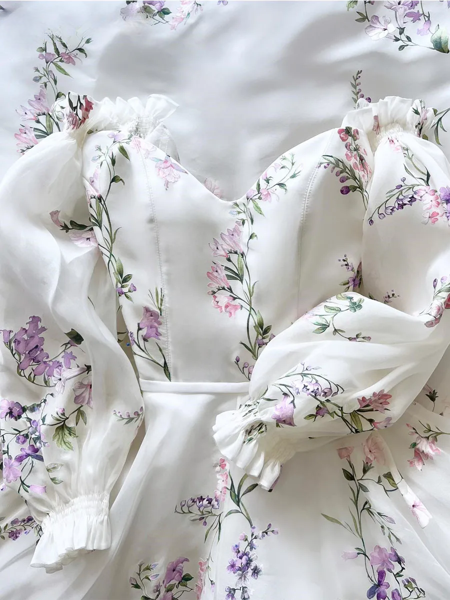 Women's Floral Print Wedding Dresses, Off-the-Shoulder Bridal Gowns, Beach Sweep Train Bridal Gown