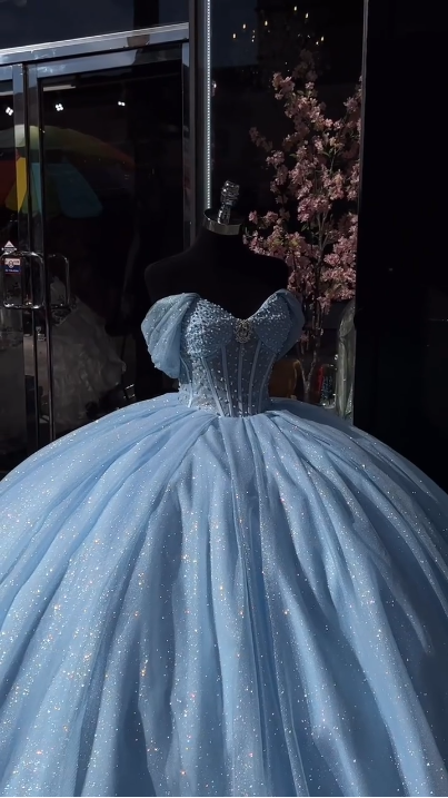 Baby blue sequins quinceanera dresses Sweet 16 Dresses Off the Shoulder Ball Gown - Fashionpara