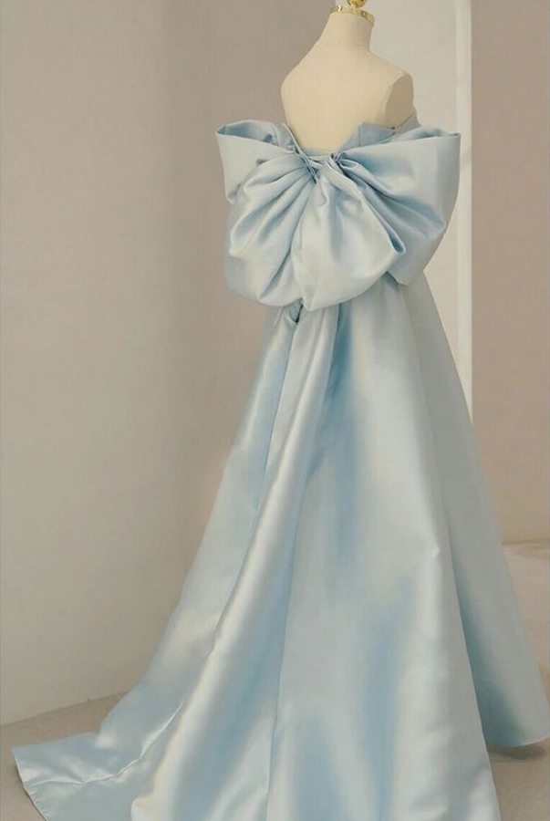Sky Blue Long Satin Prom Dress With Big Bow In Back - Fashionpara
