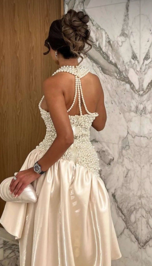 Elegant Halter V Neck Ivory Satin Pearls Beaded Mermaid Party Dress Long Prom Dresses D1179