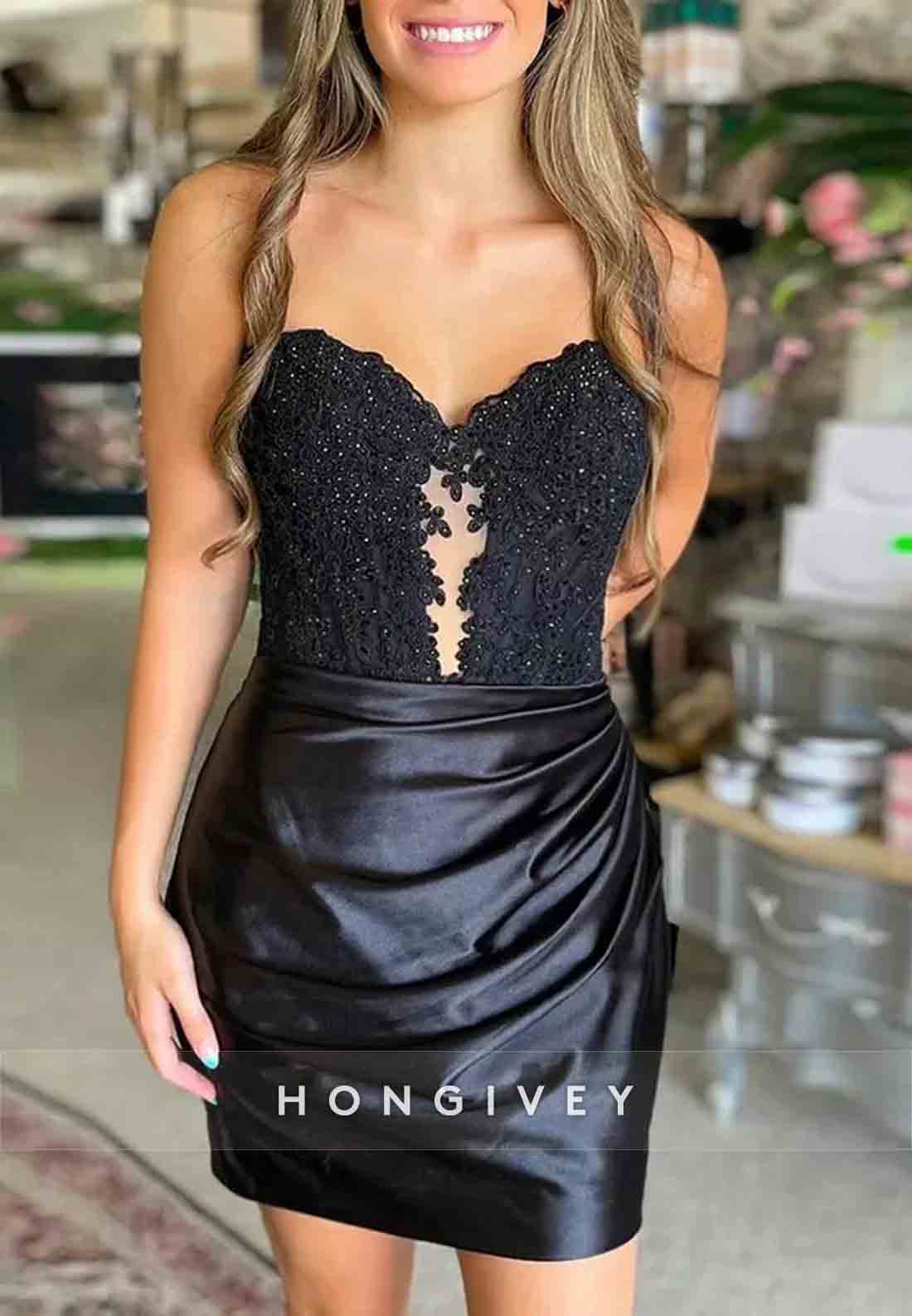 Strapless Sweetheart Sheath Pleated Appliqued Satin Mini Homecoming Dresses