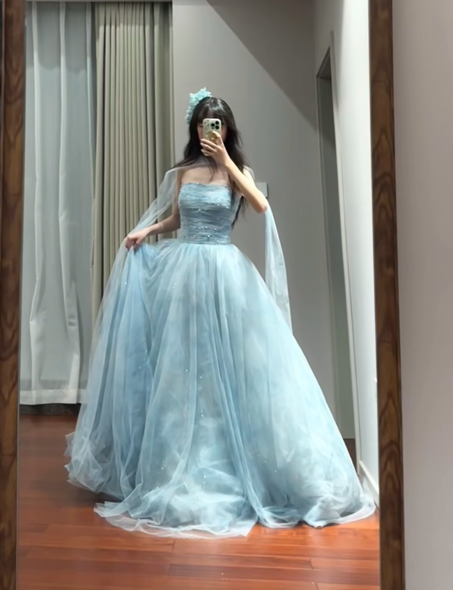 Classy Blue Strapless Tulle Beaded Long Party Dress Birthday Prom Dresses D1696