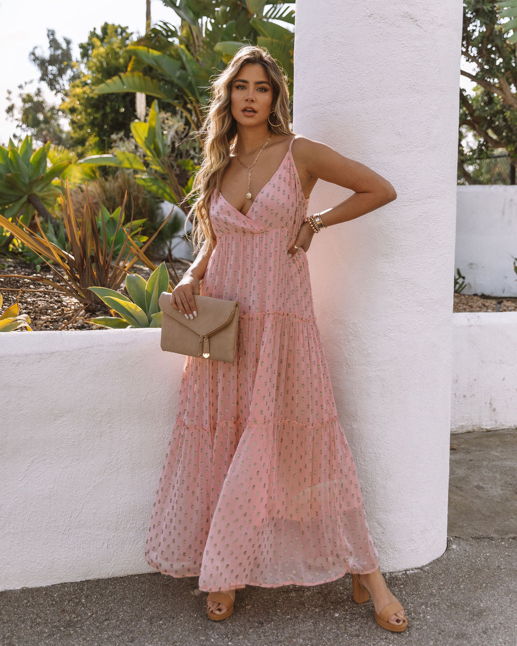 Foil Dot Print V-Neck Tiered Maxi Dress