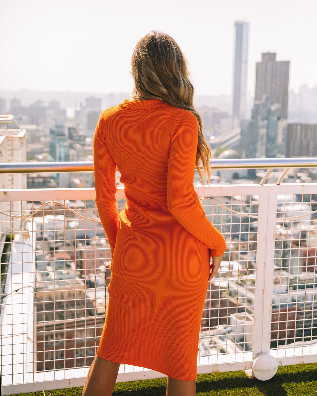 Ribbed Knit Collared Long Sleeve Button Front Bodycon Midi Dress