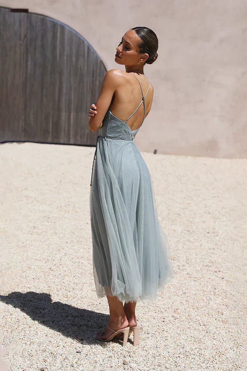Spaghetti Strap Sweetheart Bustier Tulle Layered Belted Midi Dress - View 7