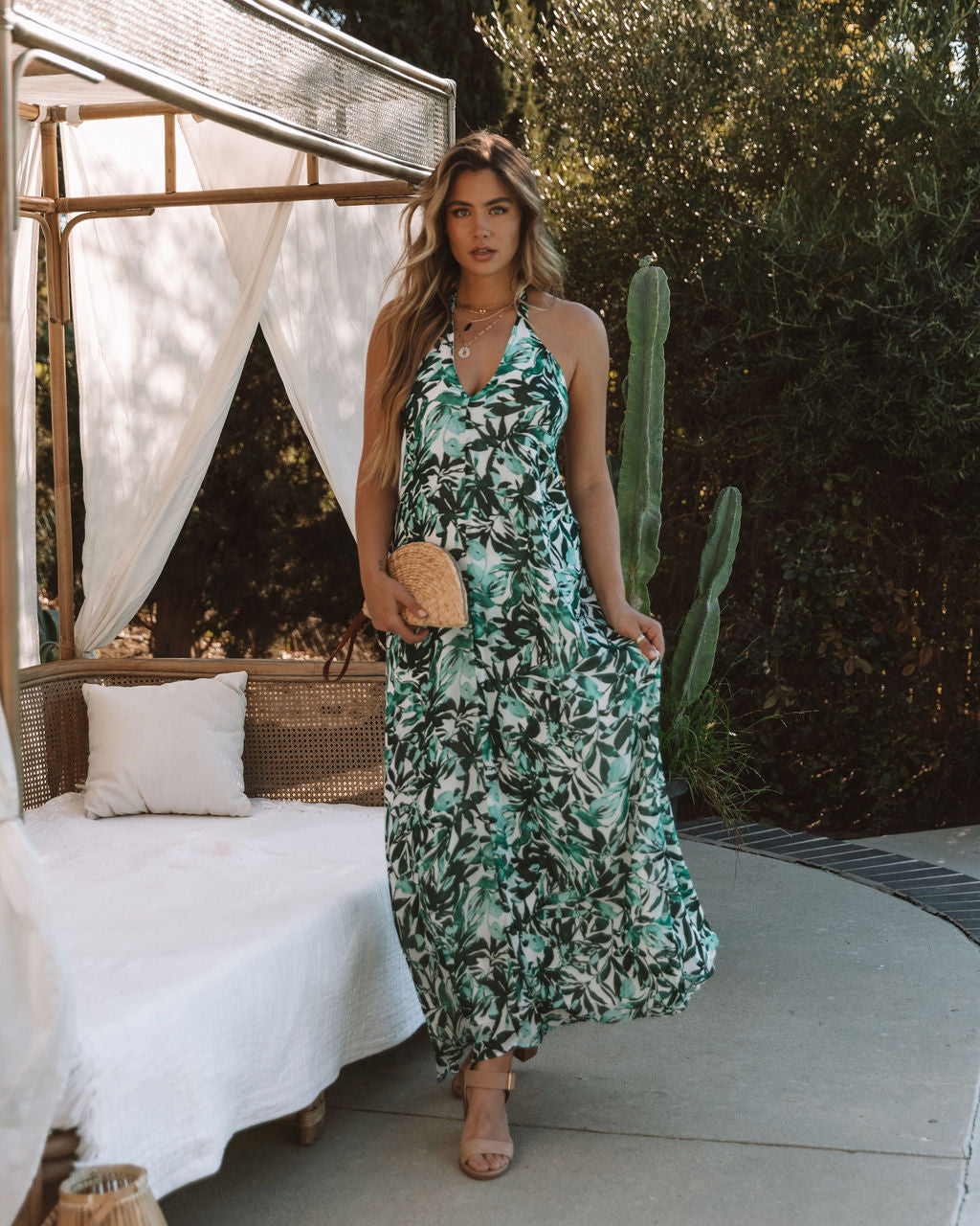 Tropical Print Halter Neck Sleeveless Maxi Dress