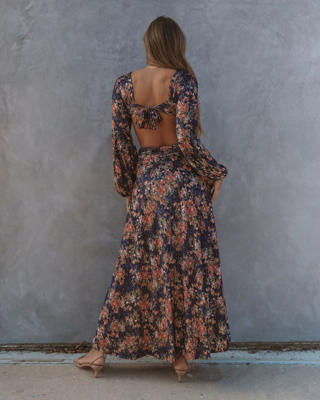 Floral Print Plunge Cut-Out Long Sleeve Maxi Dress