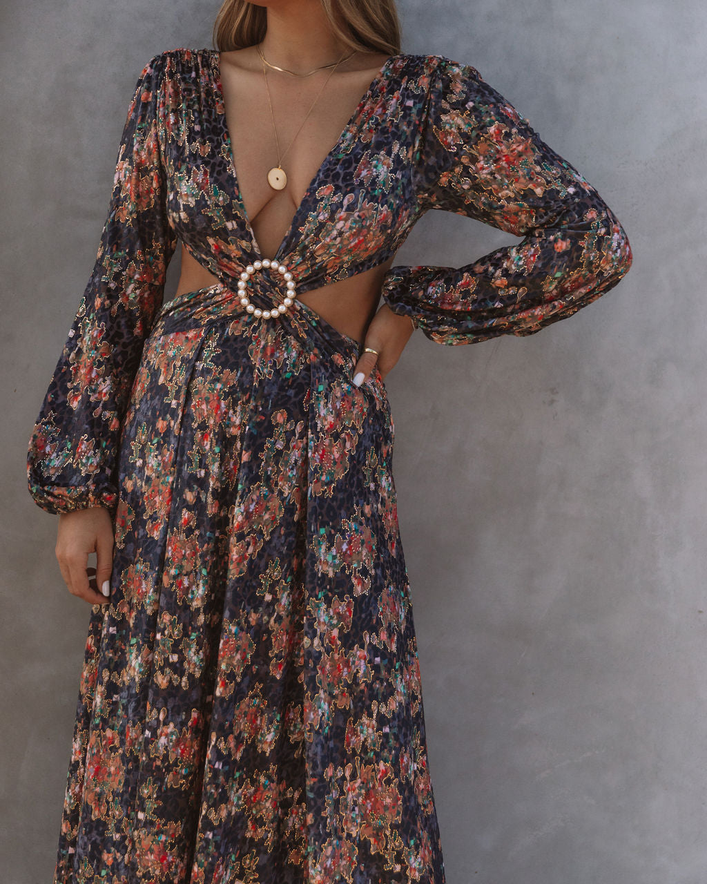 Floral Print Plunge Cut-Out Long Sleeve Maxi Dress