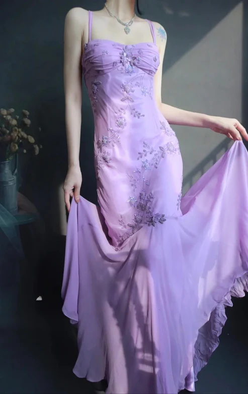 Classy Spaghetti Straps Lavender Chiffon Beaded Mermaid Evening Gown Long Prom Dress D885