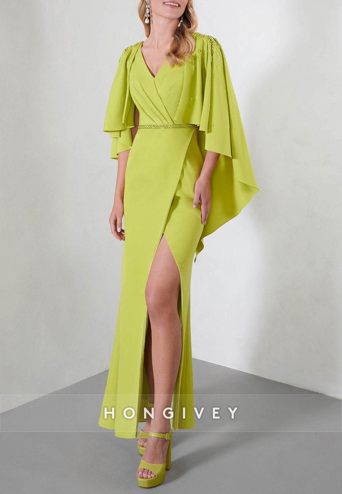 Side Slit Trumpet Ankle-Length V Neck Pleated Shawl Mother of the Bride
