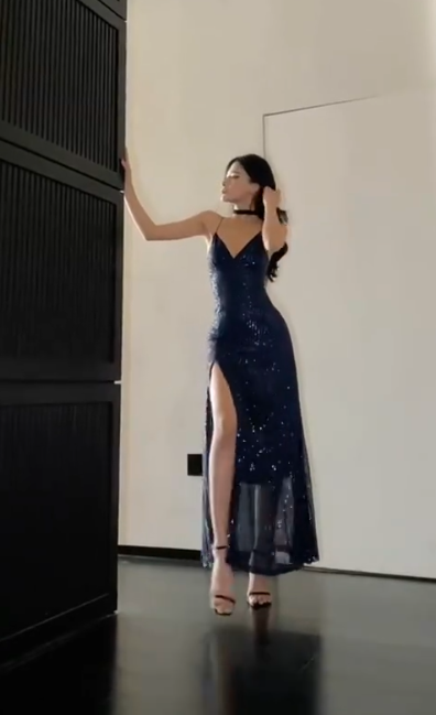 Sparkly Navy Blue Sequin Slit A Line Evening Dress Formal Long Prom Dress D811