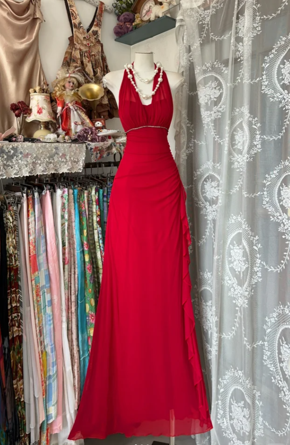 Charming Halter Red Chiffon Beaded Evening Dress Long Mermaid Party Gown D1522