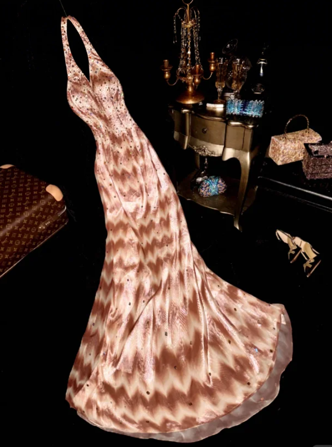 Chic Halter V Neck Chiffon Print Floral Sequin Beaded Mermaid Party Dress Birthday Prom Gown D1267