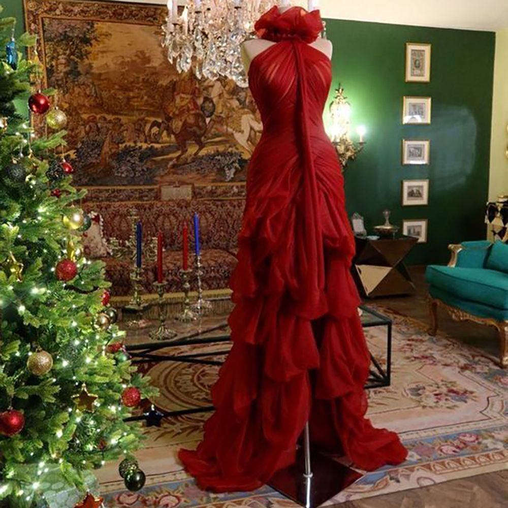 Chic Red Chiffon Pleated layered Slit Mermaid Prom Dress Evening Dress D1302