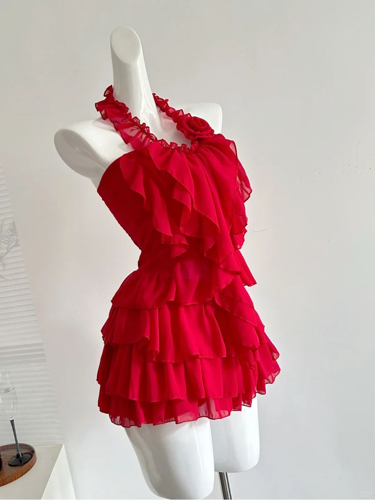 Beautiful Red Halter Chiffon Ruffle Formal Birthday Dress Short Vacation Dress D435