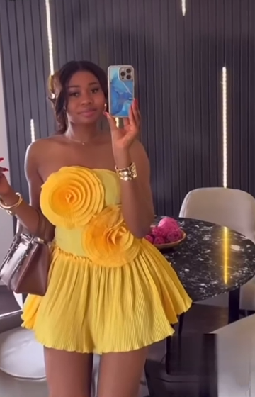 Unique Yellow Strapless Satin Flowers A Line Short Party Dress Formal Homecoming Dress D659