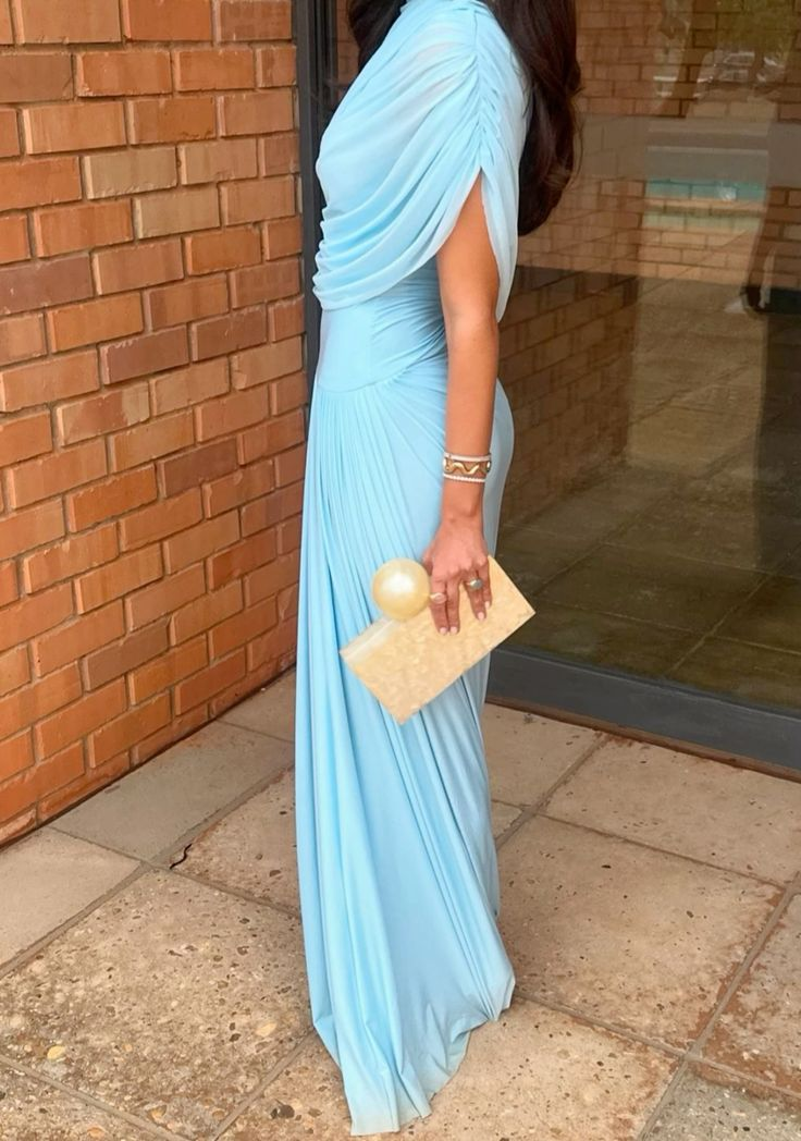 Elegant Sky Blue Chiffon Pleated Long Party Dress Wedding Guest Dress D968