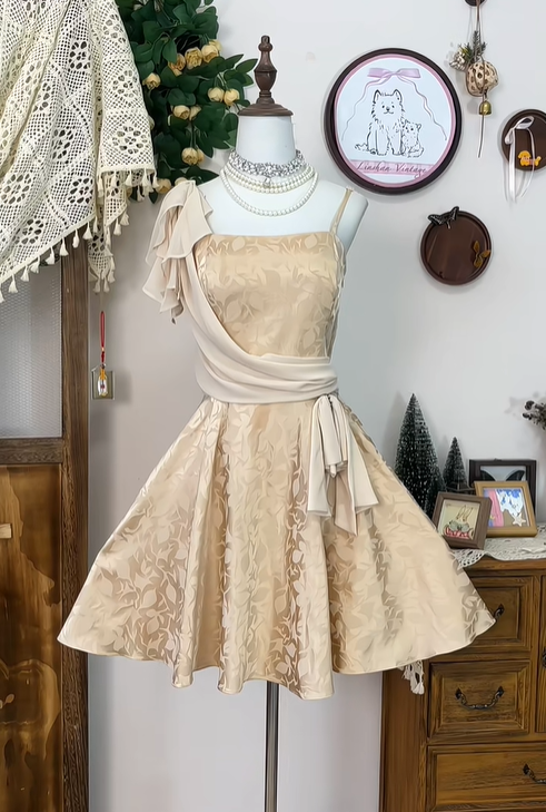 Vintage Satin Print Floral A Line Mini Party Dress Spaghetti Straps Champagne Homecoming Dress S335