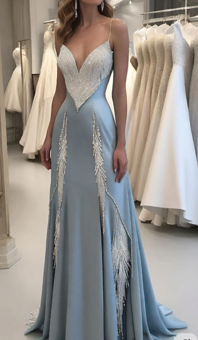 Elegant Spaghetti Straps Blue Satin Beaded Mermaid Prom Dress Evening Gown D1218