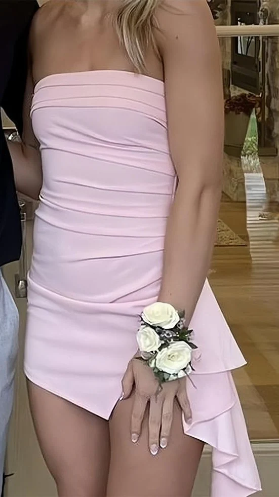 Elegant Strapless Pink Pleated Sheath Slit Cocktail Dress Formal 8th Grade Homecoming Dress D535