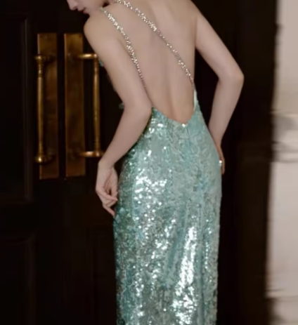 Charming One Shoulder Sequin Green Mermaid Prom Dress Backless Long Evening Dress D877