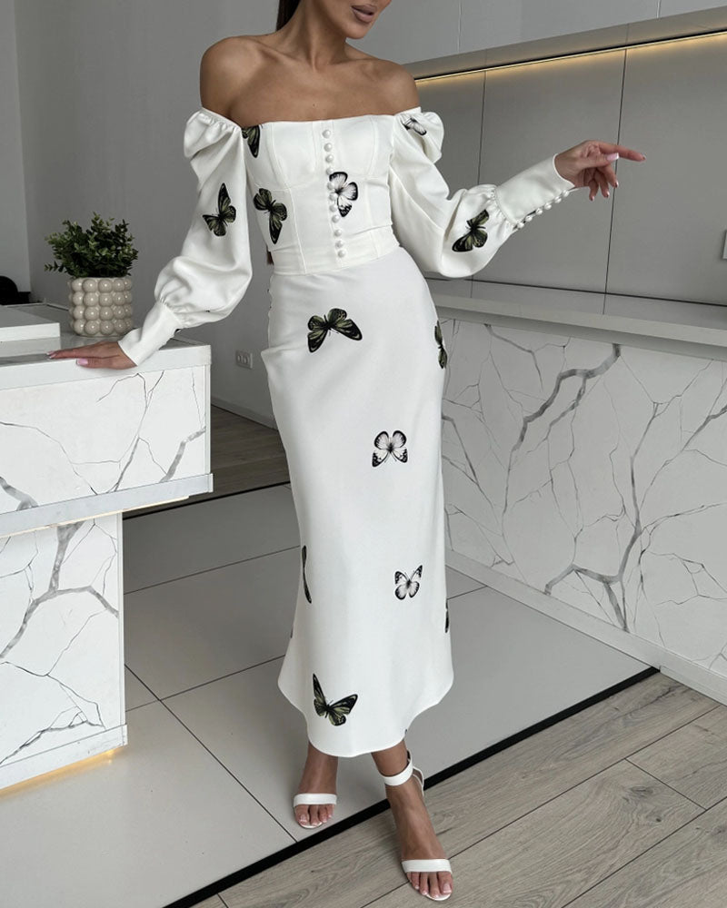 Elegant Square Neck Butterfly Print Fishtail Dress - Fashionpara