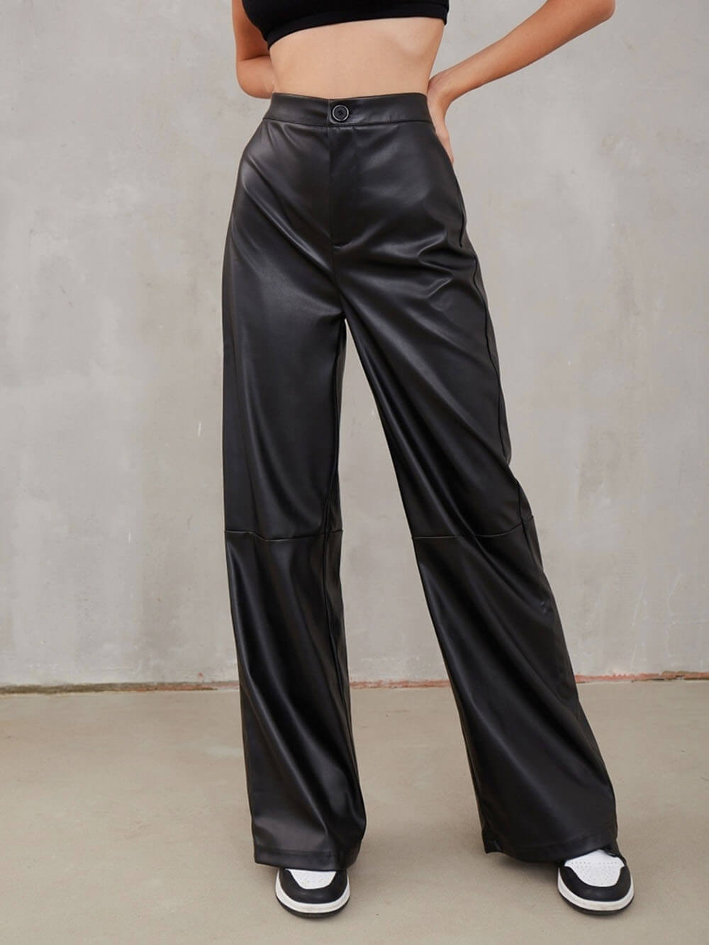 Casual High Waist PU Wide Leg Pants - Fashionpara