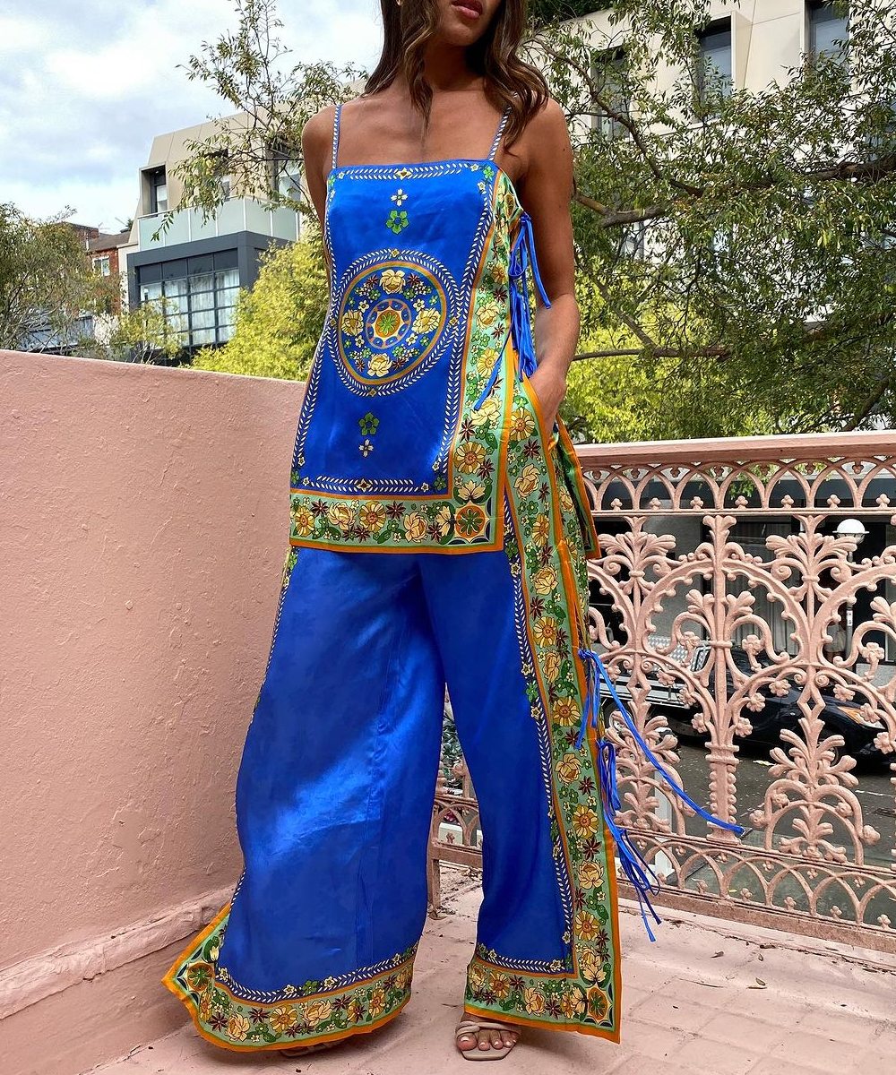 Retro Exotica Navy Blue PrintingTwo-piece Set - Fashionpara