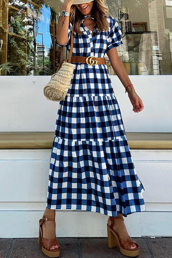 Blue Plaid V-Neck All-Match Slim Dress - Fashionpara