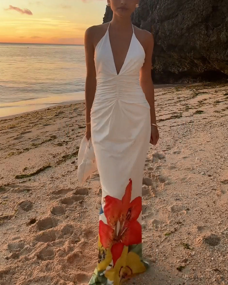 Halter neck strappy printed backless dress - Fashionpara