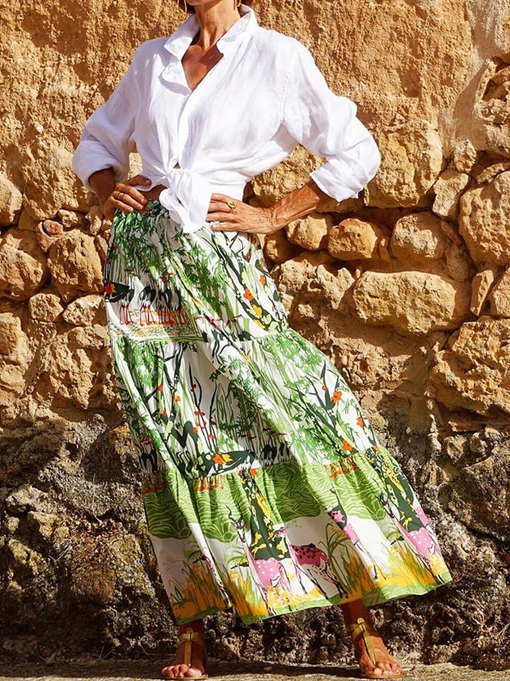 Printed Waist-High Hem Mid-Length Skirt - Fashionpara