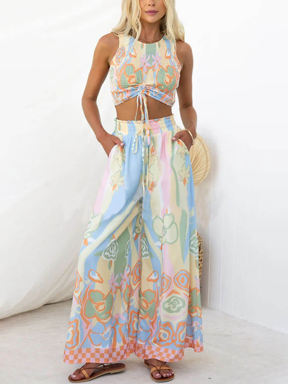 Floral Print Smocked Adjustable Tank Top Drawstring Wide Leg Pants Set - Fashionpara