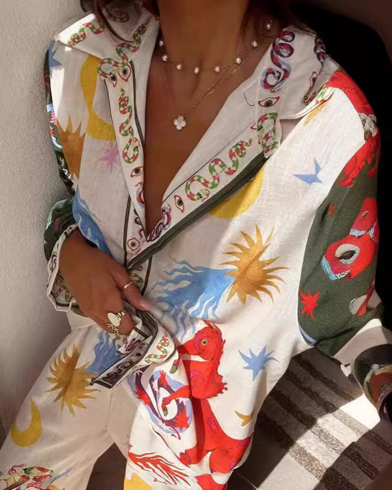 Fashion Print Macaroon Linen Long Sleeve Shirt Suit - Fashionpara