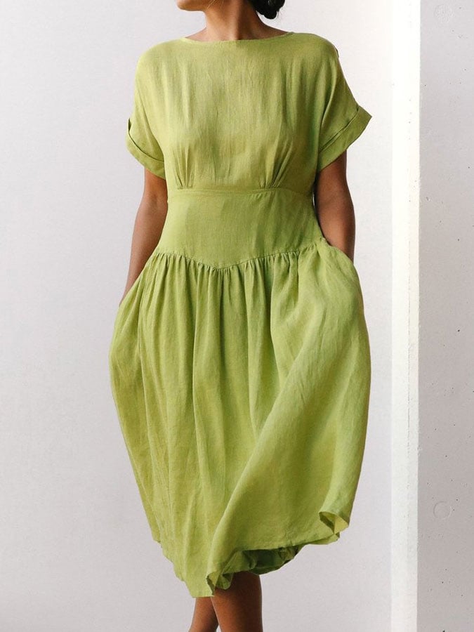 2023 New Linen Grass Green Midi Dress - Fashionpara