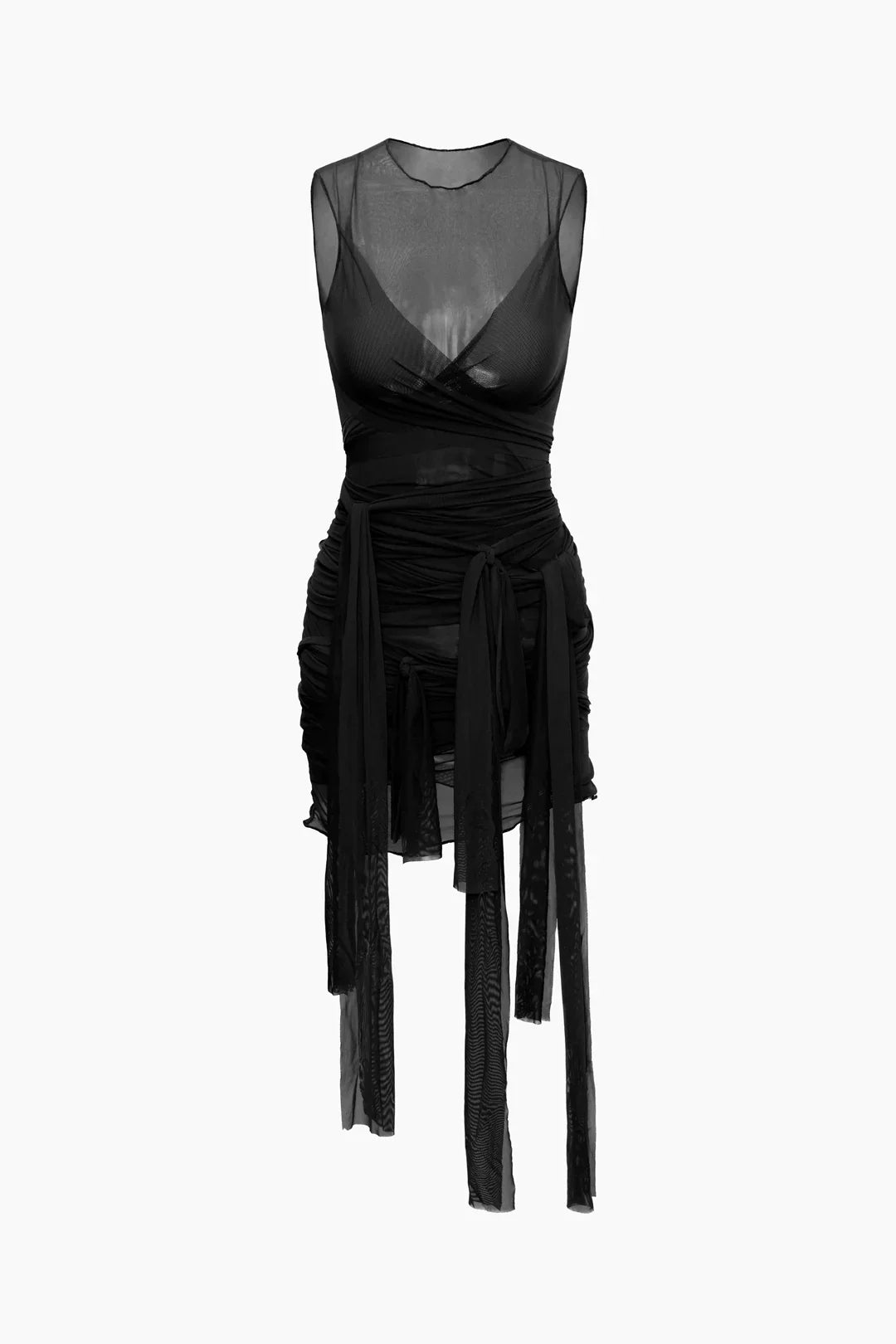 Sheer Mesh Wrap Tie Ribbon Mini Dress - Fashionpara