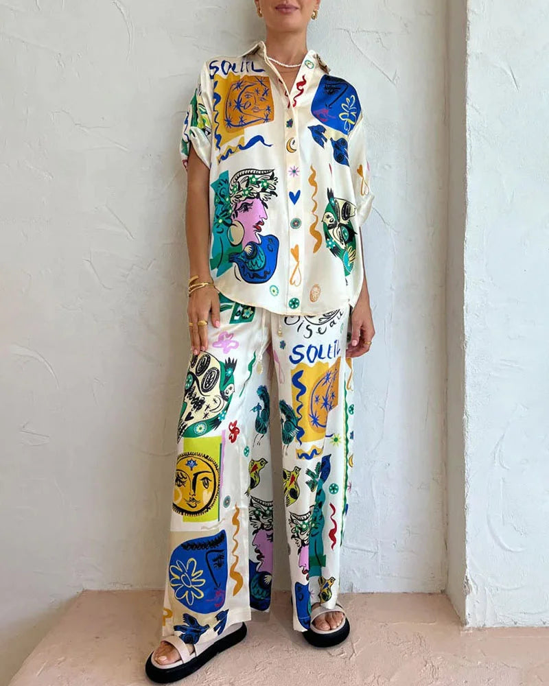 Artistic Graffiti Print Casual Two-Piece Set - Fashionpara