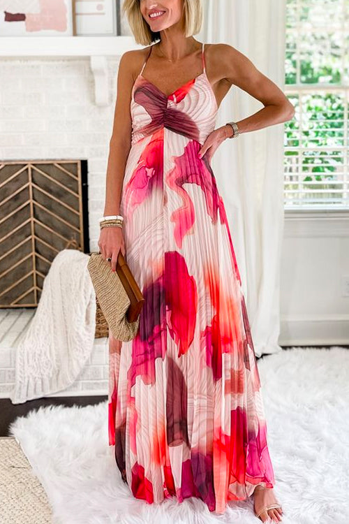 Spaghetti Strap Print Pleated Flowy Maxi Dress - Fashionpara