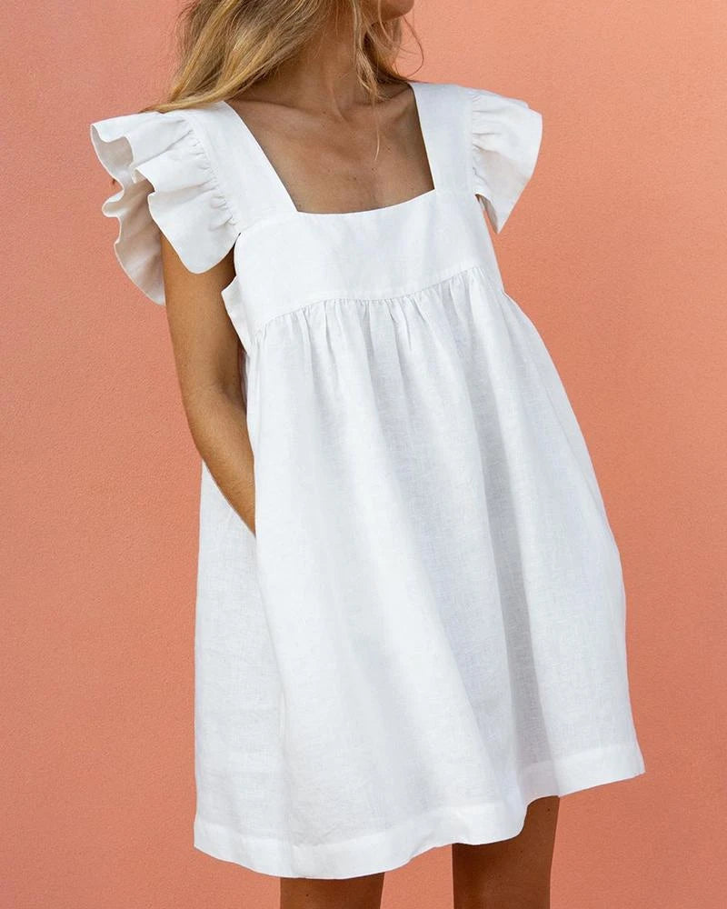 SWEET SQUARE NECK RUFFLE SLEEVE MINI DRESS - Fashionpara
