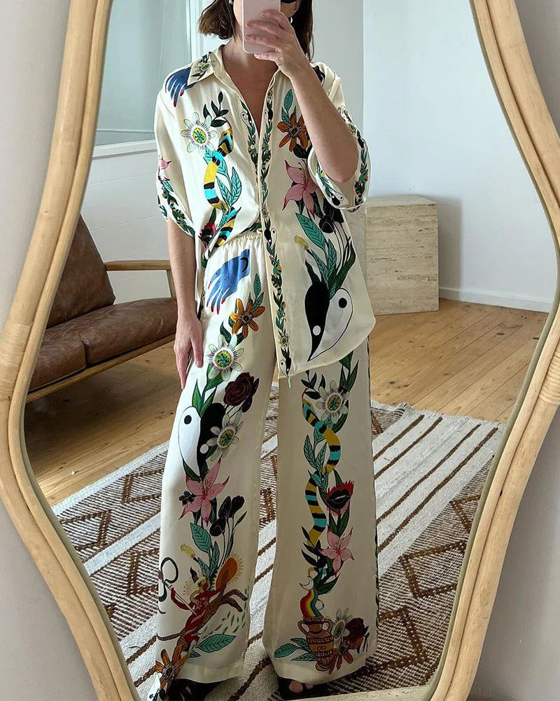 Flower jungle print casual two-piece set - Fashionpara