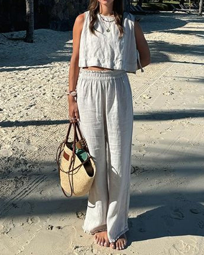 Casual Solid Lace-Up Vest & Pants Two-Piece Set - Fashionpara