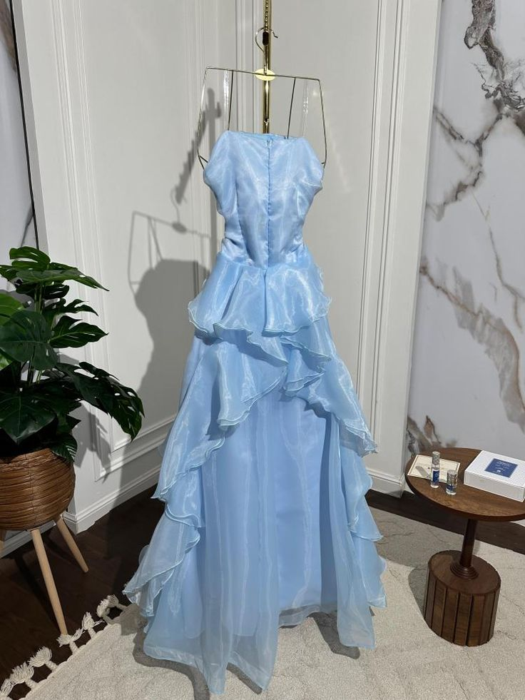 Classy Strapless Blue Organza Pleated Ruffles Long Party Dress Formal Wedding Guest Dress D1543