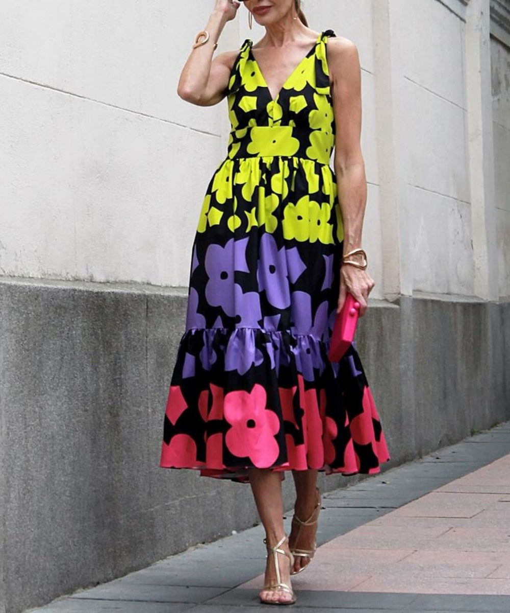 Colorful Flower Print Midi Dress - Fashionpara