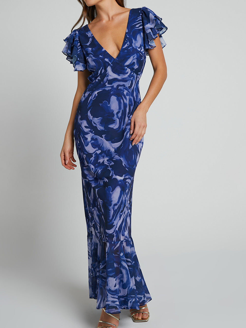 V Neck Flutter Sleeve Maxi Dress In Navy Swirl - Fashionpara