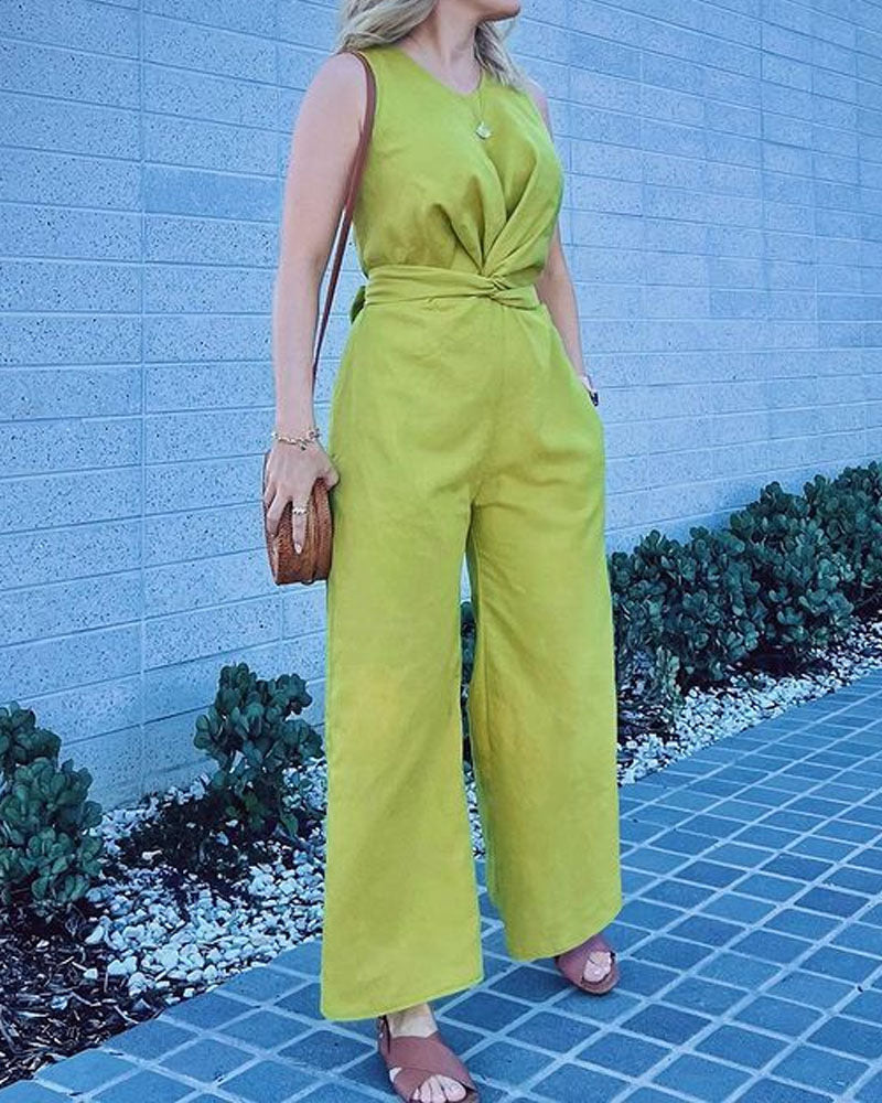 Casual Solid Color Pleated Sleeveless Pants - Fashionpara