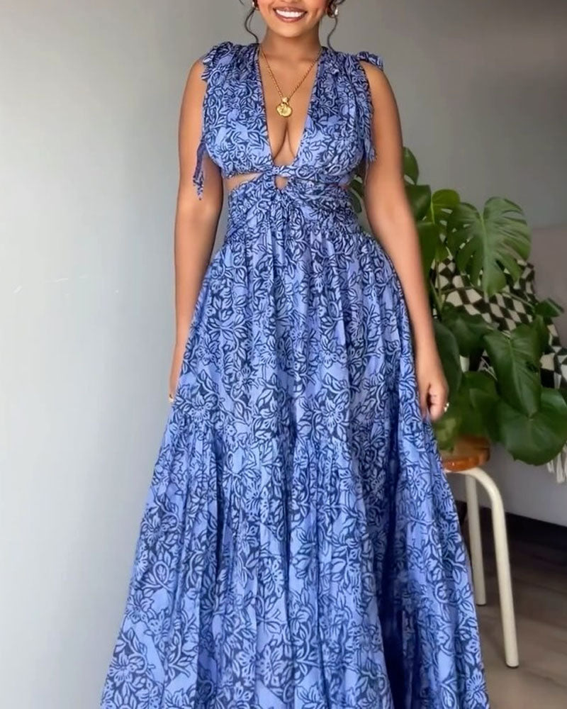 Casual Lace-Up Cutout Printed Dress - Fashionpara